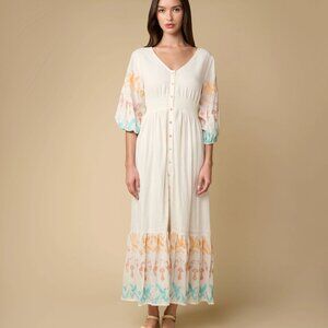 Z&L Alethia Button Front Embroidered Colorful Maxi Dress Size Small Women's